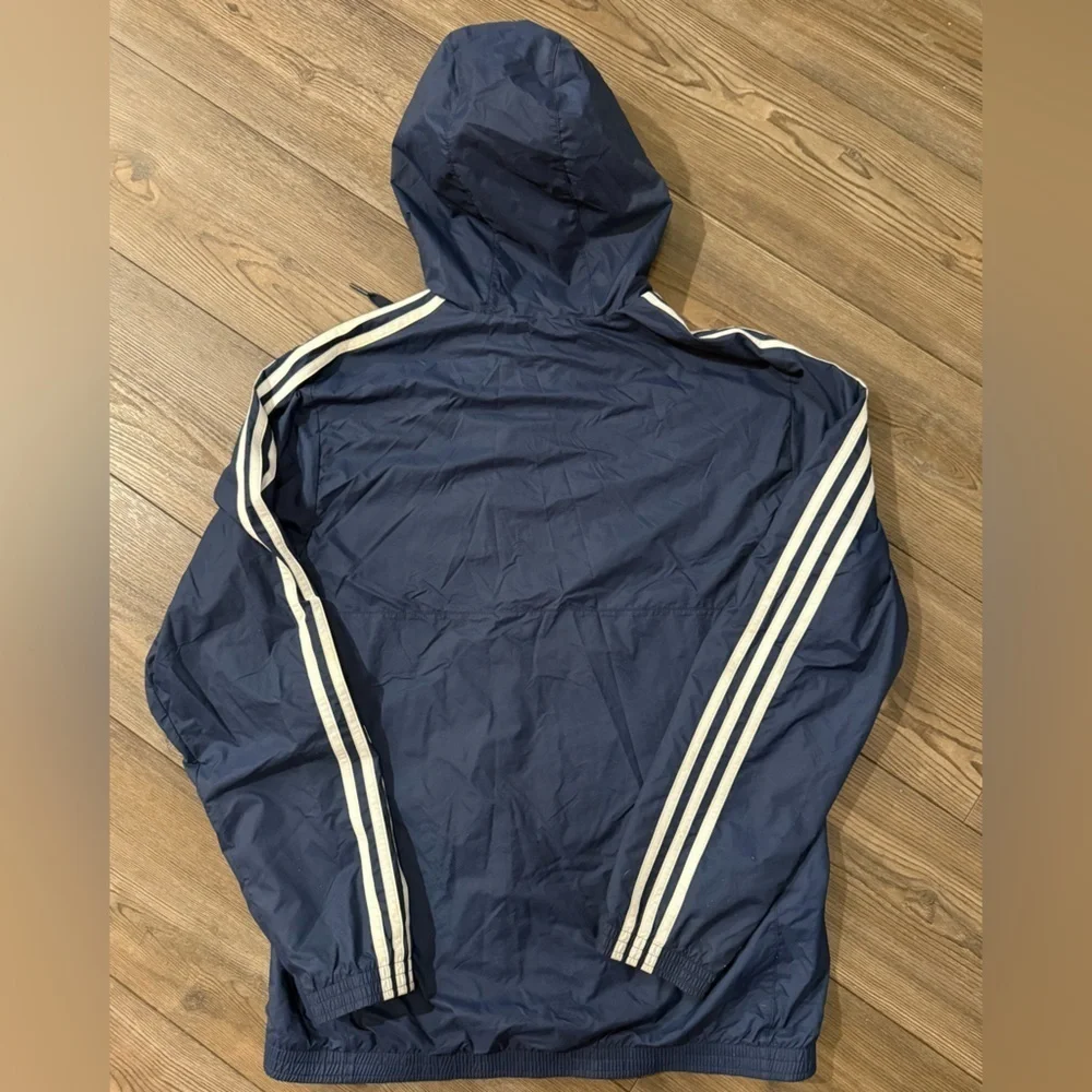 Adidas Navy Windbreaker Jacket Mens Medium Hooded 3 Stripe Zip Up